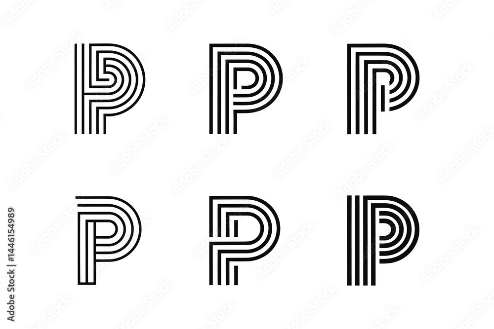 Collection of modern minimalist initial letter P logos on solid white background Collection of modern minimalist initial letter P logos on solid white background