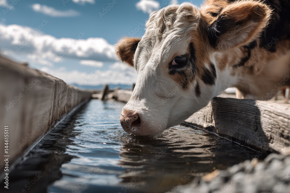 Cow Drinking from Freshwater Trough in Open Pen Under Clear Blue Sky
