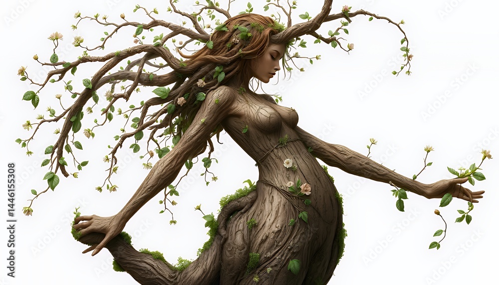 Tree Woman Isolated on White Background Flat Illustration Fantasy Clipart Creature Design with Wood Texture Leaf and Flower for Earth Day Decoration and Spring Celebration