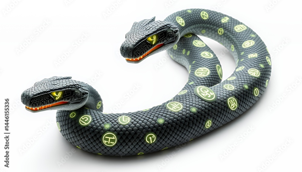 Two Headed Snake Beast with Glowing Light Green Circular Designs Isolated on White Background a Flat Style Illustration