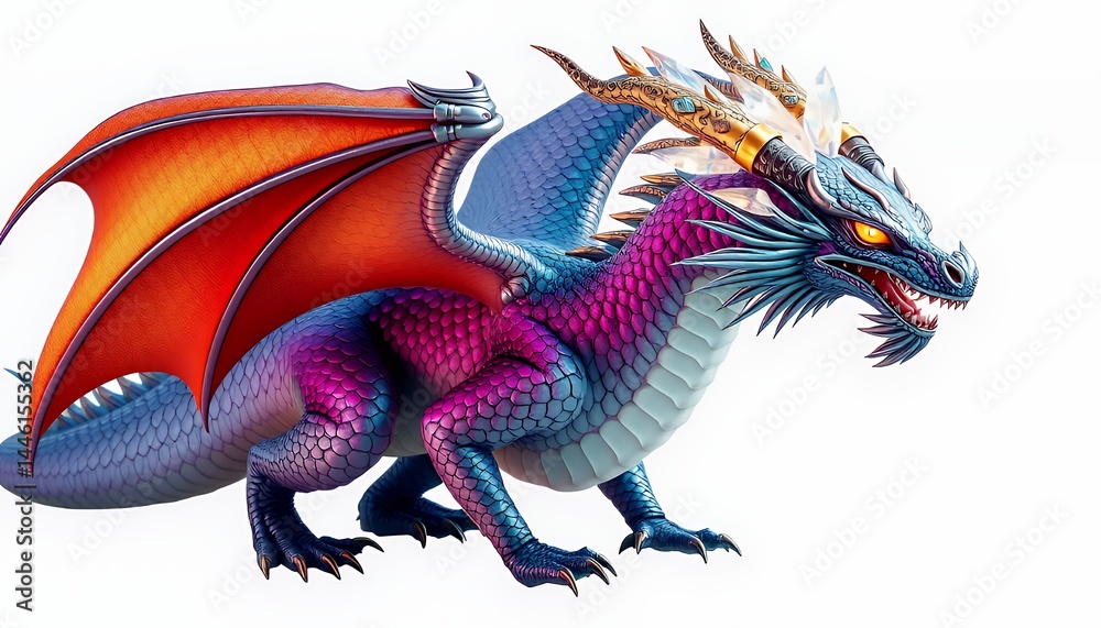 Vibrant Multicolored Dragon Isolated on White Background Featuring a Gradient of Blues Pinks and Oranges with Sharp Claws Fiery Eyes and Intricate Scales and Wings a Mystical Beast