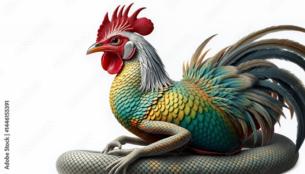 Whimsical Rooster Serpent Hybrid Creature Isolated on White Background Fantasy Clipart Illustration with Vibrant Plumage and Scales Perfect for Decoration or Symbolic Representation