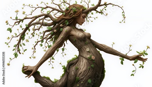 Obraz na płótnie Tree Woman Isolated on White Background Flat Illustration Fantasy Clipart Creature Design with Wood Texture Leaf and Flower for Earth Day Decoration and Spring Celebration w salonie