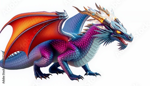 Obraz na płótnie Vibrant Multicolored Dragon Isolated on White Background Featuring a Gradient of Blues Pinks and Oranges with Sharp Claws Fiery Eyes and Intricate Scales and Wings a Mystical Beast w salonie