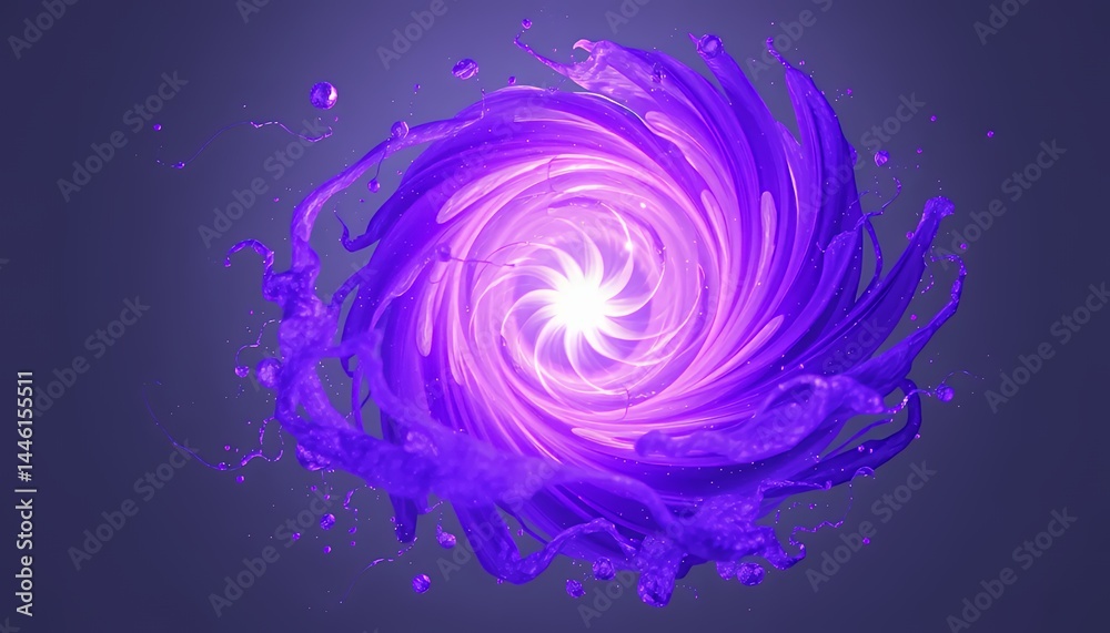 Abstract Swirling Purple Liquid Vortex Against Dark Backdrop with Central White Glowing Light Dynamic Fluid Art Illustration Fantasy Shape Creative Decorative Effect Image