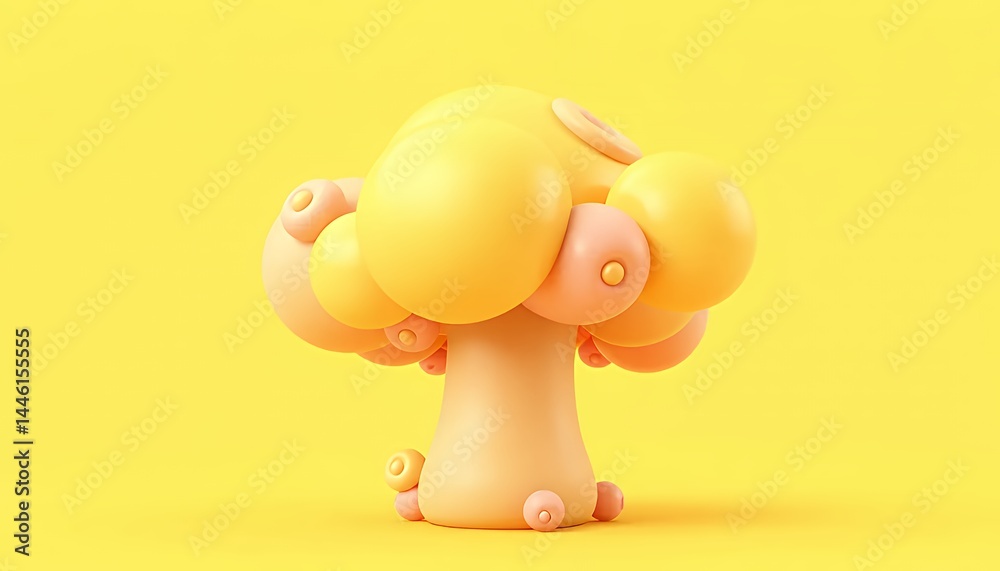 Abstract Yellow Mushroom with Pink Accents in 3D Render Against a Vibrant Yellow Background for Playful Decorative Purposes and Digital Illustrations