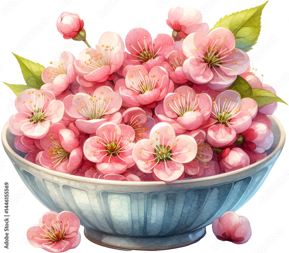 Cherry blossoms arranged in a ceramic bowl with leaves and petals in a watercolor style Cherry blossoms arranged in a ceramic bowl with leaves and petals in a watercolor style