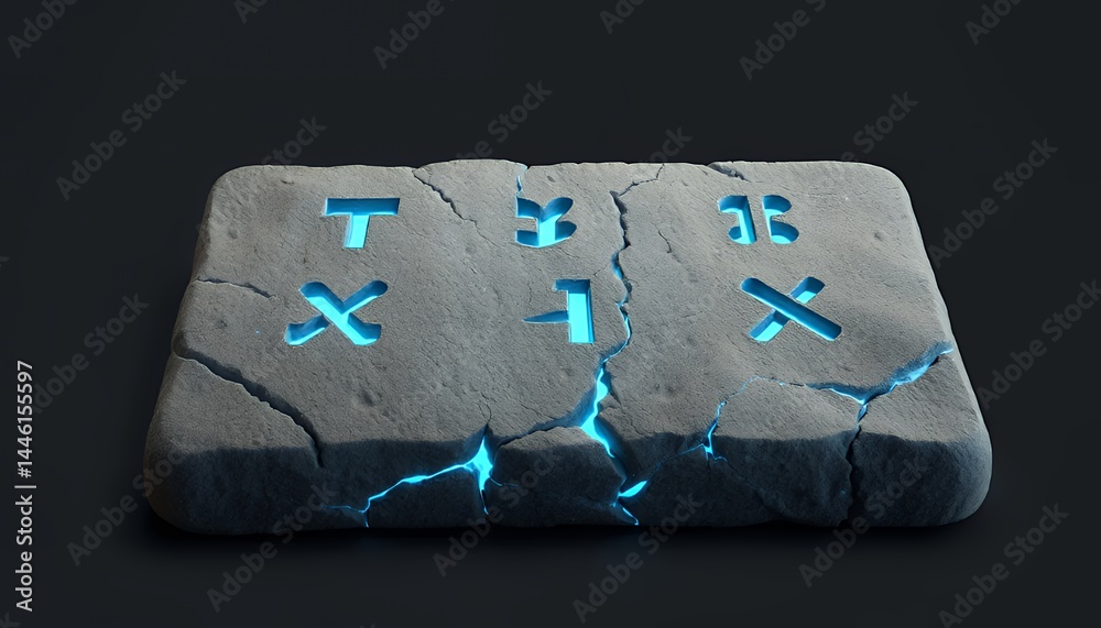 Ancient Stone Tablet Engraved with Glowing Blue Glyphs Fractured Texture On Dark Gray Backdrop Creating Mystical Atmosphere Ideal for Archeology Fantasy Games and Decoration