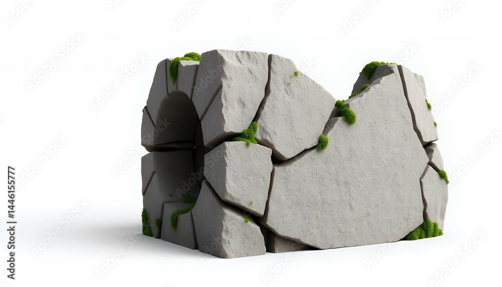 Cracked Stone Block with Green Moss Detailed Texture on White Background Symbolizing Time Nature and Resilience Minimalist Composition