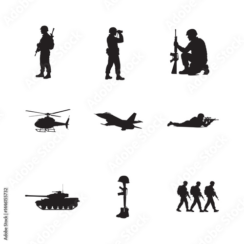 Modern Soldier Silhouettes Collection – 9 Realistic Military Poses and Vehicles on White Background