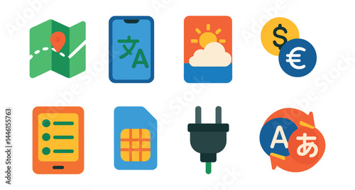 Flat vector icons of digital travel tools: offline maps icon, translation screen, weather forecast card, currency converter, itinerary app, local SIM icon, power adapter plug, language switcher.