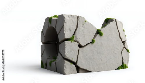 Obraz na płótnie Cracked Stone Block with Green Moss Detailed Texture on White Background Symbolizing Time Nature and Resilience Minimalist Composition w salonie
