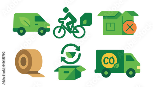 Flat vector icons of eco-friendly logistics: green delivery van, bike courier icon, eco parcel label, minimal packaging icon, paper tape roll, reusable box symbol, carbon offset badge, zero-emissions
