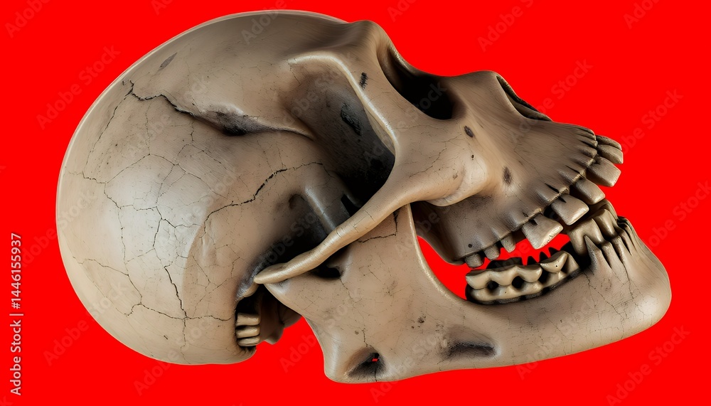 Detailed Human Skull Profile Isolated on Red Background Anatomical Bone Structure Skeleton Model Medical Illustration Education Resource Halloween Symbolism Red Backdrop