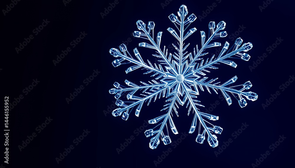 Detailed Macro Photograph of Blue Snowflake Against Dark Background Beautiful Winter Ice Crystal Ornament Perfect for Christmas Decorations and Holiday Themed Contents