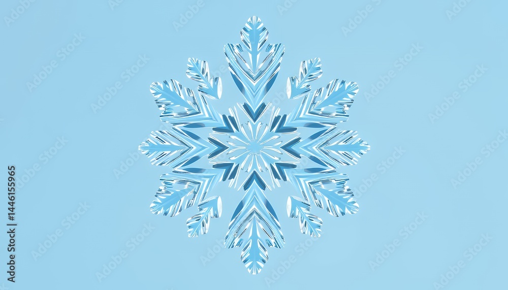 Detailed Light Blue Snowflake Against a Soft Blue Background Winter Holiday Decoration Isolated Single Elegant Geometric Design Element Frost Crystal Seasonal Snow Ornament