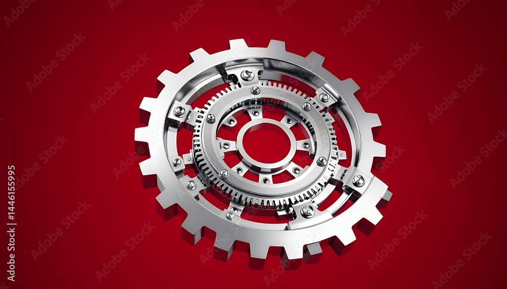 Detailed Silver Gear Set on Rich Red Background in 3D Rendering Ideal for Industrial Technology and Engineering Themes