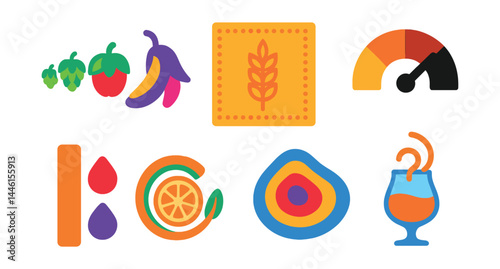 Flat vector icons of taste and aroma profiles: hoppy bitterness scale, fruity esters icon, malty sweetness badge, roasted notes chart, dry vs sweet comparison, citrus aroma swirl, flavor layering map