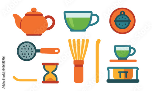Flat vector icons of teaware and utensils: ceramic teapot icon, glass teacup, tea strainer mesh, infuser ball badge, bamboo whisk, matcha scoop, tea timer, serving tray with cup.