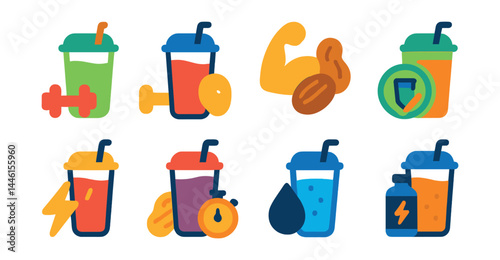 Flat vector icons of smoothie for fitness and wellness: pre-workout blend, post-workout recovery smoothie, high-protein peanut shake, weight loss blend badge, energy boost icon, endurance smoothie,