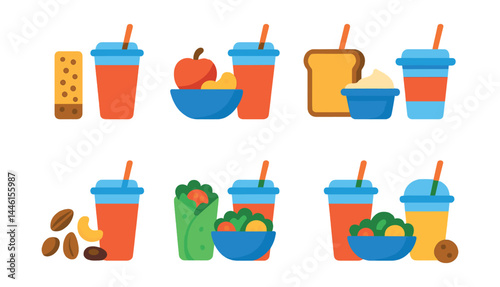 Flat vector icons of smoothie pairings and snacks: smoothie with granola bar, fruit bowl and smoothie, smoothie with toast, yogurt cup combo, trail mix pairing, healthy wrap with smoothie, smoothie