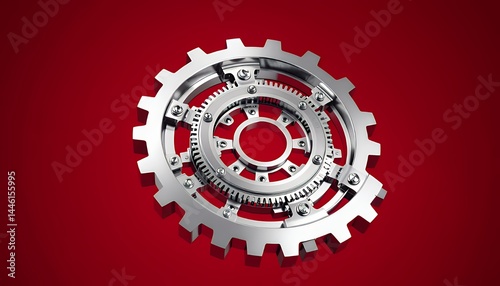 Obraz na płótnie Detailed Silver Gear Set on Rich Red Background in 3D Rendering Ideal for Industrial Technology and Engineering Themes w salonie