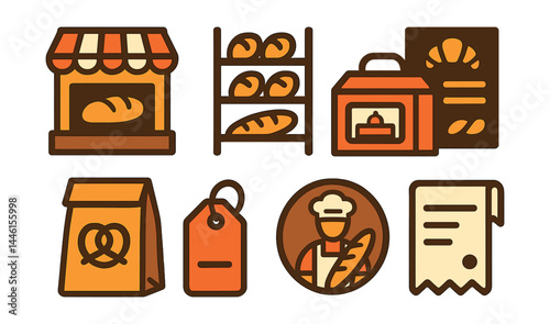 Flat vector icons of bakery and selling: bakery storefront icon, bread display shelf, cake box with window, baked goods menu board, takeaway bakery bag, pricing tag icon, artisan baker badge, order