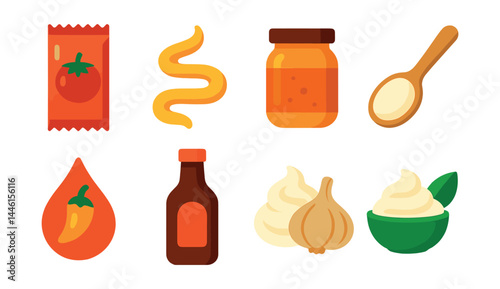 Flat vector icons of burger sauces and spreads: ketchup packet, mustard swirl, burger sauce jar, mayonnaise spoon, spicy chipotle sauce, BBQ sauce bottle, garlic aioli icon, vegan mayo dip.