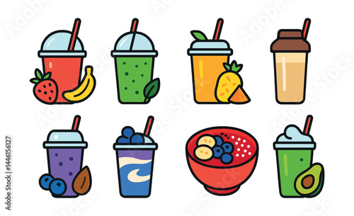 Flat vector icons of smoothies and blended drinks: strawberry banana smoothie, green detox blend, tropical fruit smoothie, blueberry almond shake, protein shake in bottle, smoothie bowl with toppings