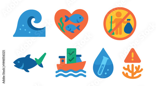 Flat vector icons of ocean and waterway care: clean ocean wave, marine life heart icon, beach cleanup badge, no plastic in ocean sign, sustainable seafood label, boat eco-checklist, water purity test