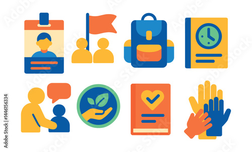 Flat vector icons of youth volunteering: student volunteer badge, school club icon, weekend service trip backpack, service hour logbook, peer tutoring symbol, eco youth badge, volunteer project