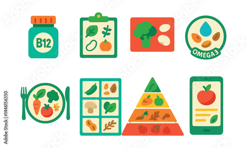 Flat vector icons of vegan nutrition awareness: B12 supplement icon, iron-rich plant list, calcium from plants card, omega-3 from seeds badge, balanced vegan plate, protein sources chart, vegan food