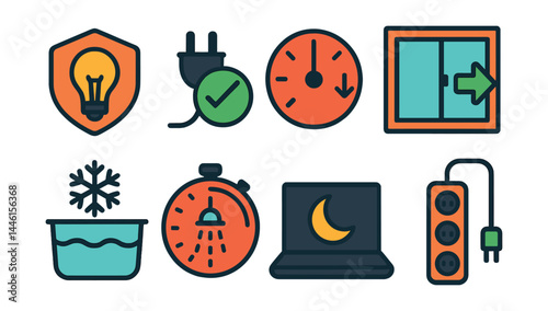 Flat vector icons of energy-saving habits: turn off lights badge, unplug devices symbol, thermostat down icon, close window label, cold wash setting, shorten shower timer, sleep mode symbol, power