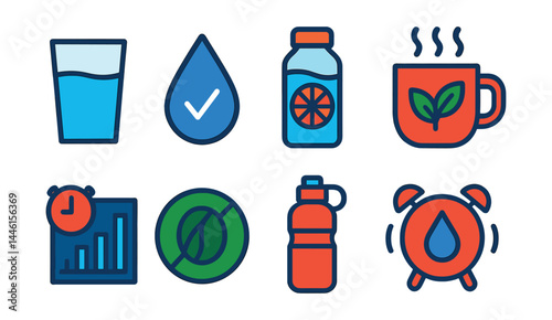 Flat vector icons of hydration and beverages: glass of water icon, hydration reminder drop, fruit-infused bottle, herbal drink mug, water intake tracker chart, caffeine-free badge, reusable water