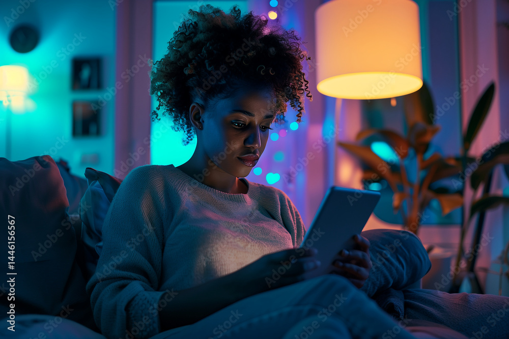 A woman sits on a couch using a tablet for entertainment. Generative AI