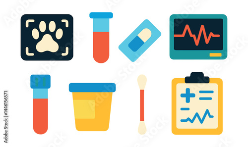 Flat vector icons of diagnostic services: x-ray of pet paw, lab test tube, microscope slide icon, heart monitor graph, blood test vial, urine sample jar, swab stick, diagnostic chart board.