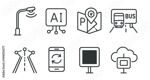 Line style icons of smart infrastructure: sensor streetlight, AI signal, EV parking map, bus priority lane, IoT road, traffic prediction, street QR, cloud sign.