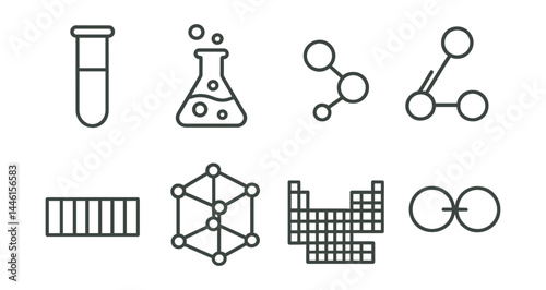 Line style icons of chemistry: test tube, chemical reaction, molecular chain, burner icon, pH scale, crystal structure, periodic table, chemical bond.