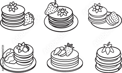 set of pancakes and strawberries line art, black outline, vector and illustration, coloring book page line art drawing