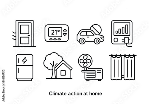 Line style icons of climate action at home: insulation door, programmable thermostat, no-idle car, energy monitor, efficient appliance, tree shade, fan over AC, blackout curtain.
