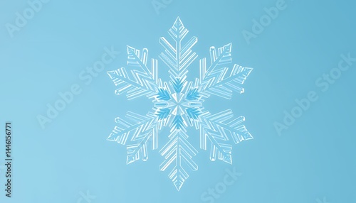 Intricate White Snowflake Displayed on Light Blue Gradient Background Winter Season Holiday Celebration Snowflake with Detailed Geometric Pattern and Decorative Design