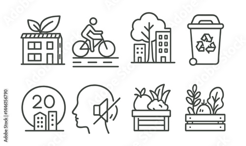 Line style icons of sustainable cities: green roof, bike lane, tree canopy, public recycling, low-impact zone, noise reduction, urban garden, local food access.