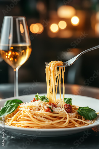 White plate of pasta with lifted fork, wine bottle and glass in moody background, yellow light over grey table

