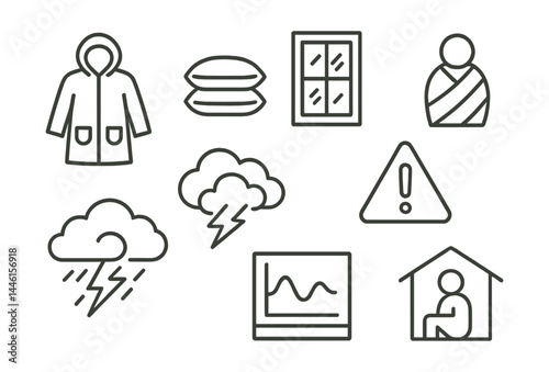 Line style icons of weather preparedness: raincoat icon, sandbags, windproof window, emergency blanket, weather alert, storm symbol, forecast chart, shelter icon.