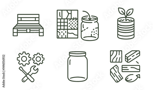 Line style icons of upcycled material: pallet furniture, jar reuse, fabric patchwork, tin planter, reused parts, label-free jar, scrap wood, creative reuse icon.