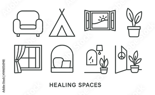 Line style icons of healing spaces: soft seating, quiet tent, open window, indoor plant, light filter, safe nook, warm lighting, peace corner.