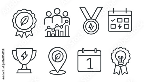 Line style icons of energy saver awards: gold leaf badge, team win chart, school energy medal, calendar streak icon, savings trophy, green pin, month milestone, habit ribbon.