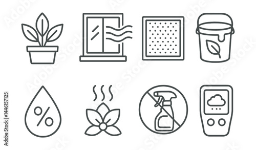 Line style icons of indoor air quality: air purifying plant, window vent, HEPA filter, low-VOC paint bucket, air humidity drop, natural fragrance icon, no-spray symbol, air quality meter.