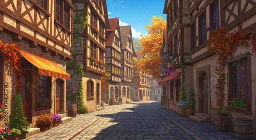 Autumn Street in Half-Timbered Town - Charming cobblestone street, half-timbered houses, autumn leaves, bright sunlight, peaceful atmosphere. Symbolizing: tranquility, heritage, season change
