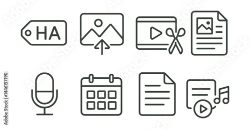 Line style icons of content creation: headline tag, image upload, video cut, blog article, voice-over, content planner, draft page, media icons.